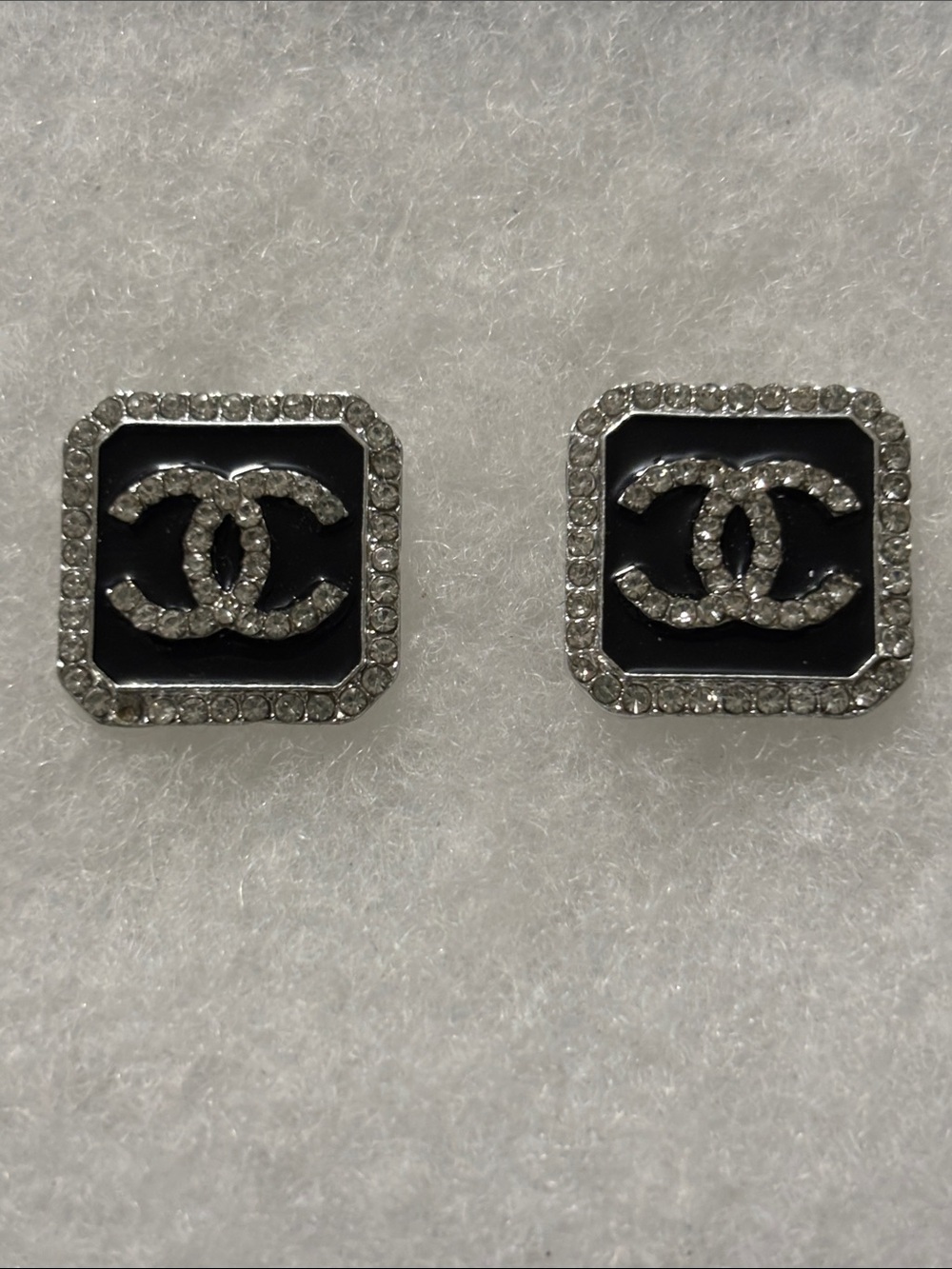 Black and Silver Diamond CC Square Stud Earrings